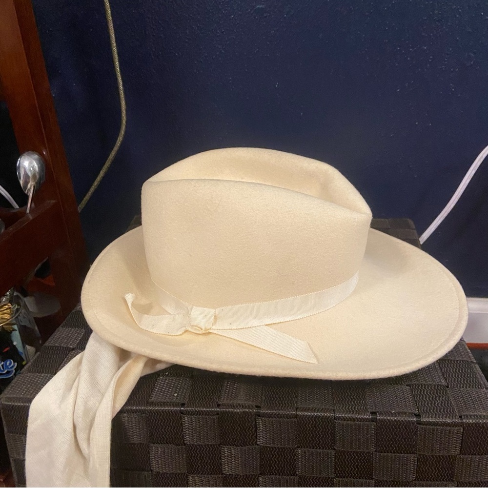 Cream Fedora Cowboy Hat with wool wrap tie